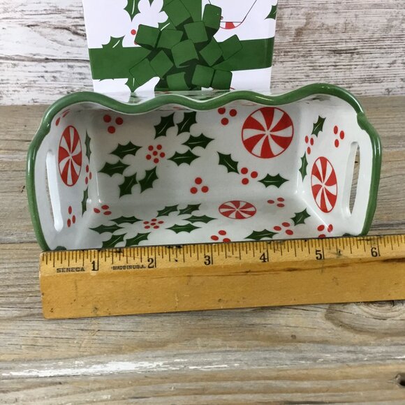 Temp-Tations 12 Oz Ceramic Holiday Mini Loaf Pan w/ Handles Holly & Peppermint - Picture 9 of 10